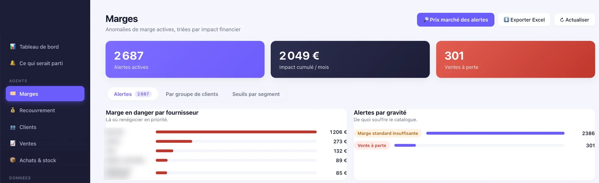 Agent Marges de Skyper : alertes actives, impact cumulé, ventes à perte et marge en danger par fournisseur