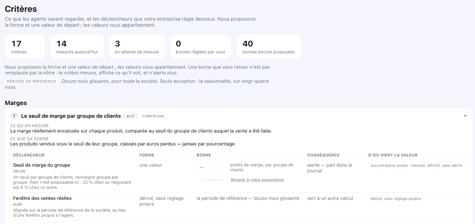 Écran Critères de Skyper : ce que mesurent les agents et les seuils réglés par l'entreprise